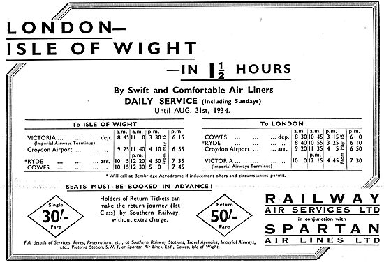 Railway Air Services. Spartan. London-IOW Time Table & Fares     