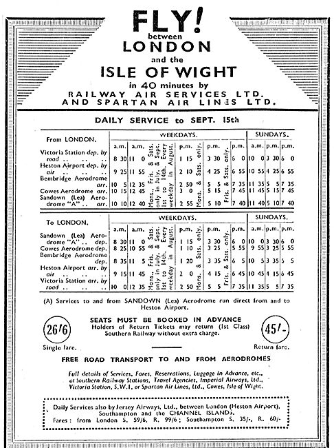 Railway Air Services - Spartan Air Lines: London-IOW Time Table  