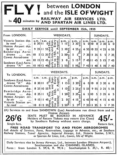 Railway Air Services - Spartan Air Lines: London-IOW Time Table  