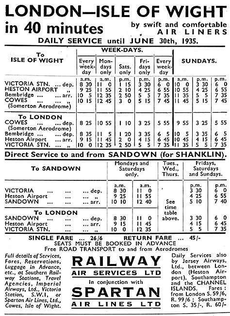 Railway Air Services - Spartan Air Lines: London-IOW Time Table  