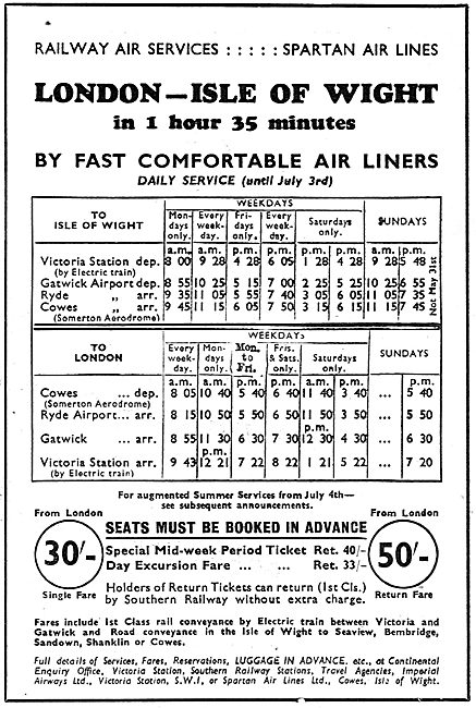 Railway Air Services - Spartan Air Lines: London-IOW Time Table  