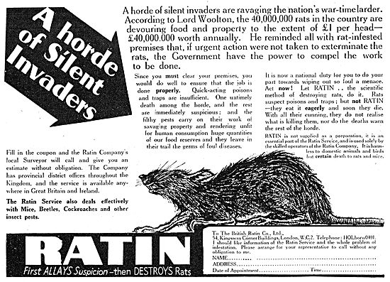 British Ratin Rodent Control - 1941 Advert                       
