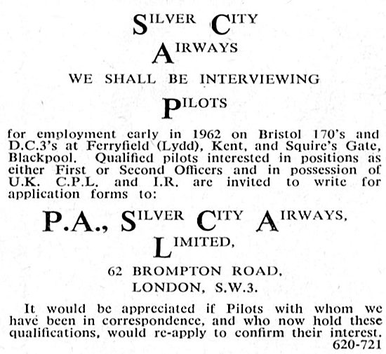 Pilot Recruitment Silver City Airways: DC3 - Bristol 170         