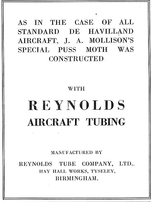 Reynolds Aircraft Tubing Used On Mollison's Puss Moth            