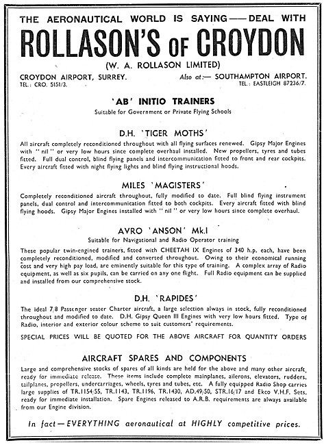 Rollasons Of Croydon. Aircraft Sales & Services 1949             