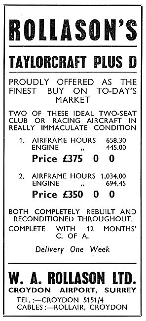 Rollason's  Croydon Airport: Aircraft Sales. Taylorcraft Plus D  