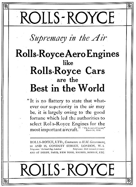 Rolls-Royce Aero Engines 1918 Advert                             