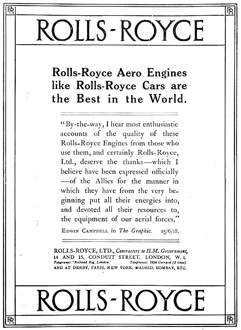 Rolls-Royce Aero Engines 1918 Advert                             