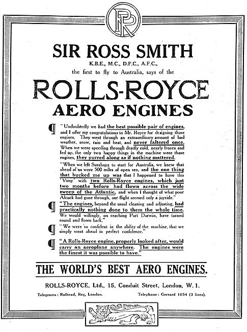 Sir Ross Smith Praises Rolls-Royce Aero Engines.                 