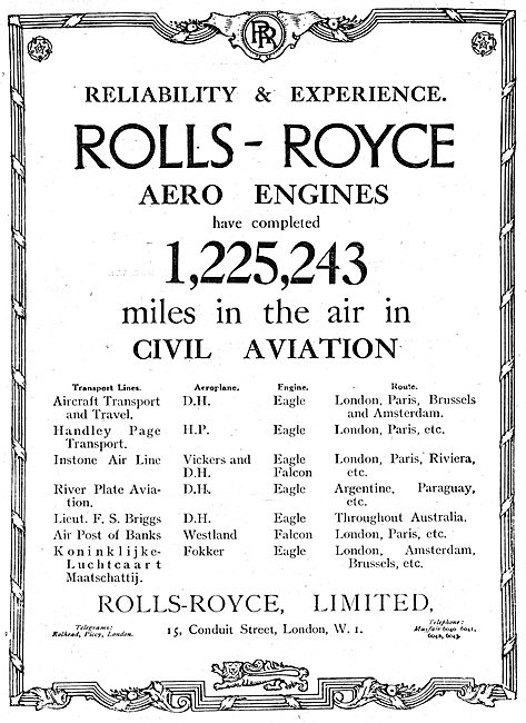 Rolls-Royce Aero Engines. 1,225,243 Milesa In The Air.           