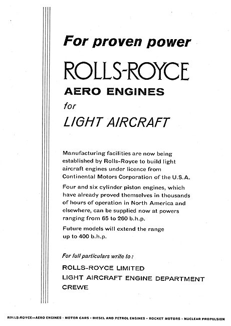 Rolls-Royce Continental Aero Engines For Light Aircraft          