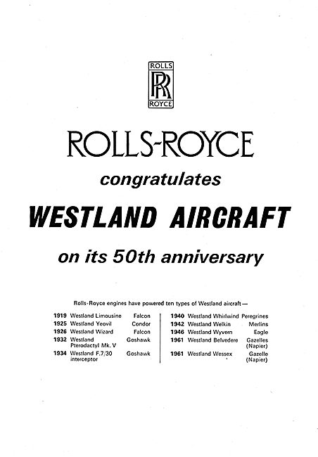 Rolls-Royce Aero Engines Congratulate Westland On 50 Years       