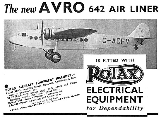 The Avro 642 Is Equipped With Rotax Electrical Equipment. G-ACFV 