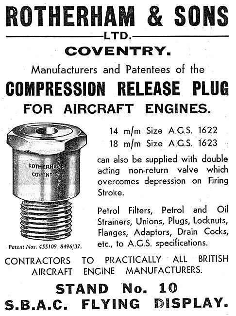 Rotherams Compression Release Plug For Aircraft Engines 1937     