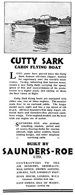 Saunders-Roe Cutty Sark Flying Boat - SARO                       