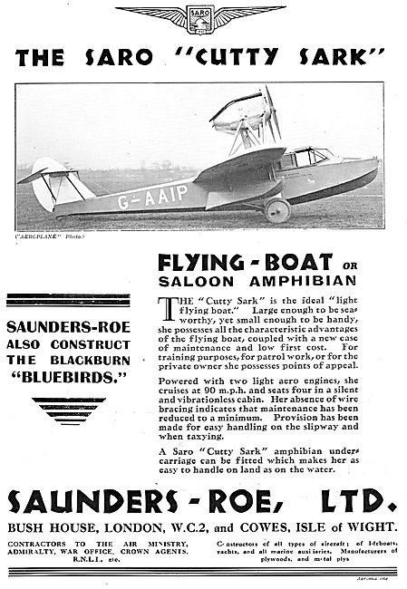 SARO Cutty Sark Flying-Boat Or Saloon Amphibian. G-AAIP          