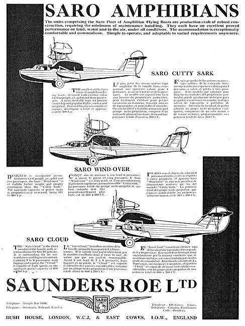 SARO Amphibian Aircraft Range. Wind-Over, Cloud, Cutty Sark      