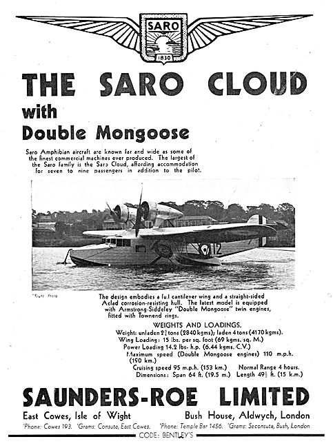 SARO Cloud Amphibian Aircraft                                    