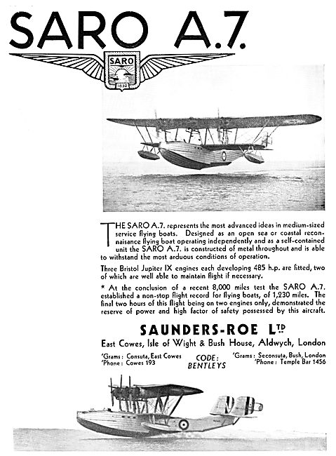 SARO A7 Flying Boat -  Saunders-Roe                              