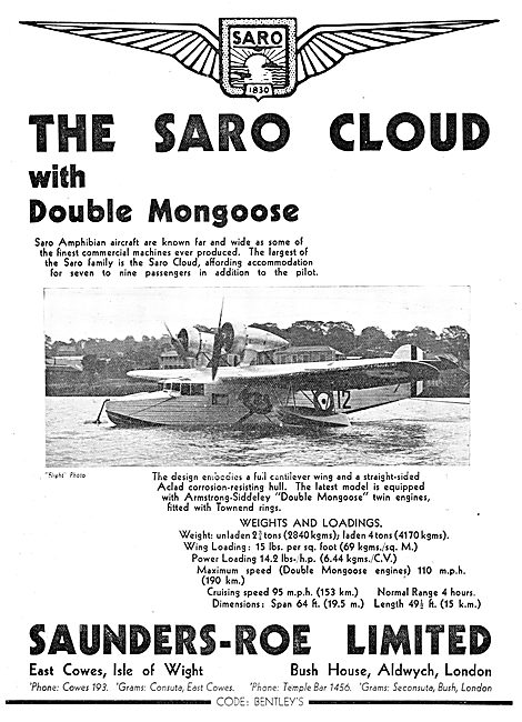 SARO Cloud Amphibian Aircraft - Two Mongoose Engines             