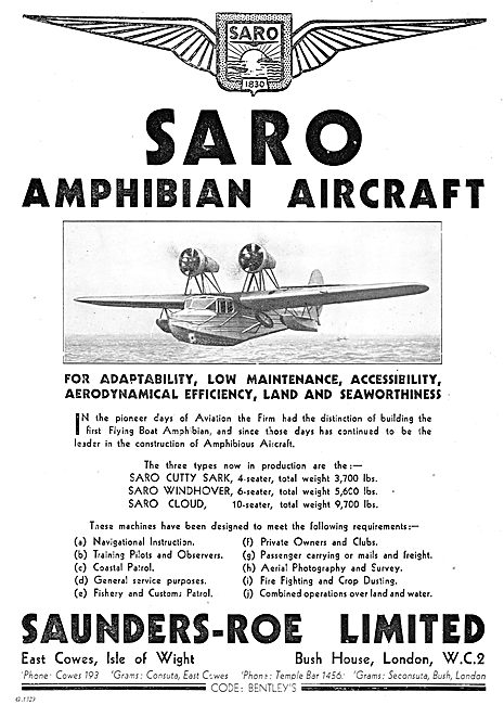 SARO Amphibian Aircraft. Cutty Sark, Windhover & Cloud           