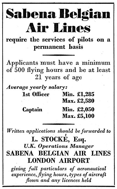 Sabena Pilot Recruitment 1952                                    