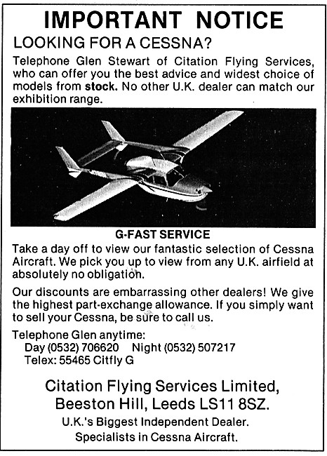 Citation Flying Services. Leeds. Cessna Sales & Brokerage 1979   