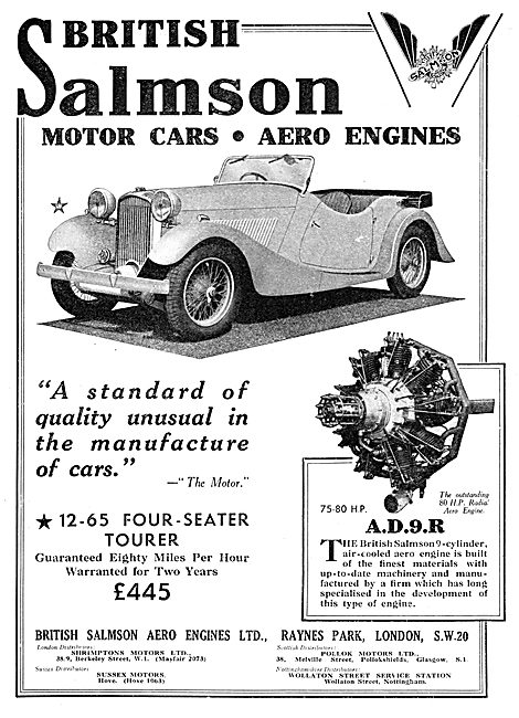 British Salmson 12-65  Four Seater Tourer Motor Car. 1934        