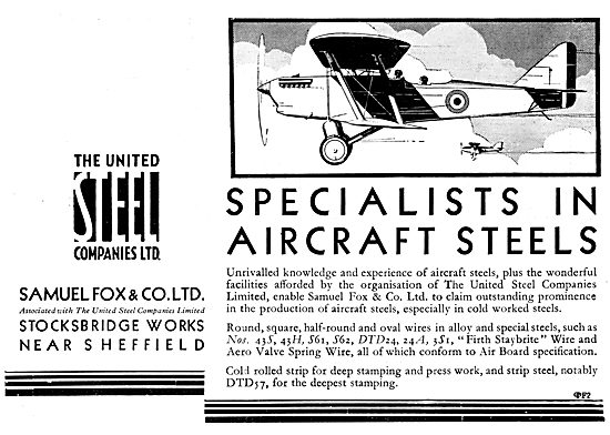 Samuel Fox Aircraft Steels. United Steel Companies 1929          