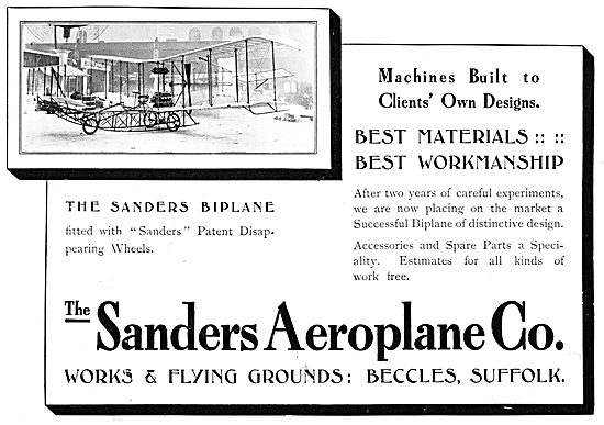 Sanders Biplane 1911. Sanders Patent Disappearing Wheels         