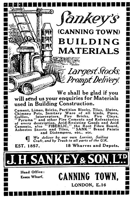 Sankey's (Canning Town) Building Materials. 1922 Advert          