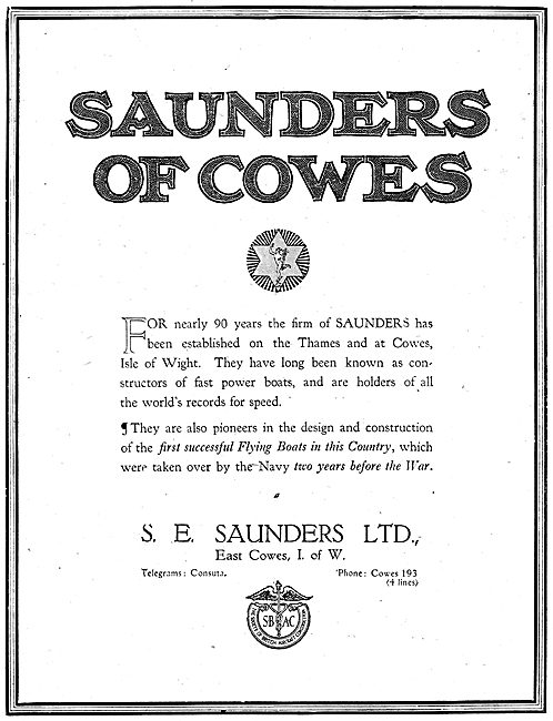 S.E. Saunders. Cowes  - Designers & Constructors Of  Aircraft    