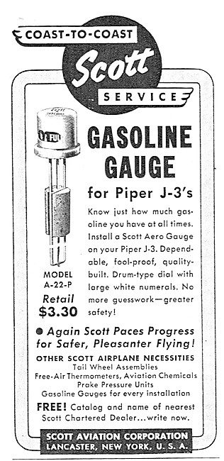 Scott Fuel Gauge For Piper J-3 Cubs                              