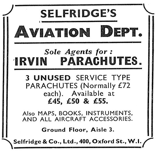Selfridges Aviation Department - Sole Agents For Irvin Parachutes