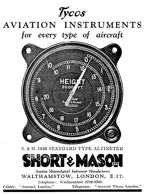 Short & Mason Tycos Aircraft Instruments. 1640 Altimeter 1931    