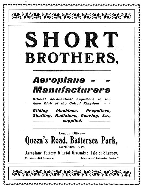 Short Brothers. Aeroplane Manufacturers & Aeronautical Engineers 