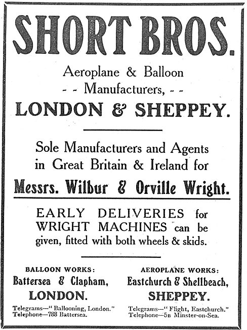 Short Brothers Sole Agents For Messrs Wilbur & Orville Wright    