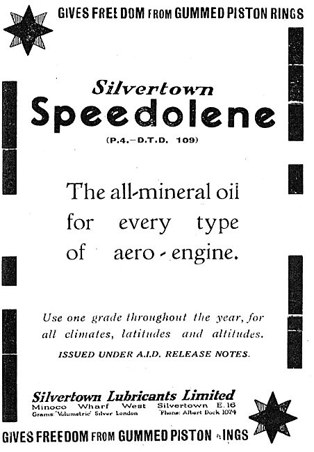 Silvertown Aero Engine Oil Gives Freedom From Gummed Piston Rings