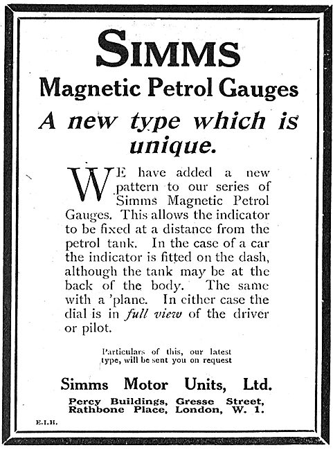 Simms Magnetic Petrol Gauges For Aircraft                        