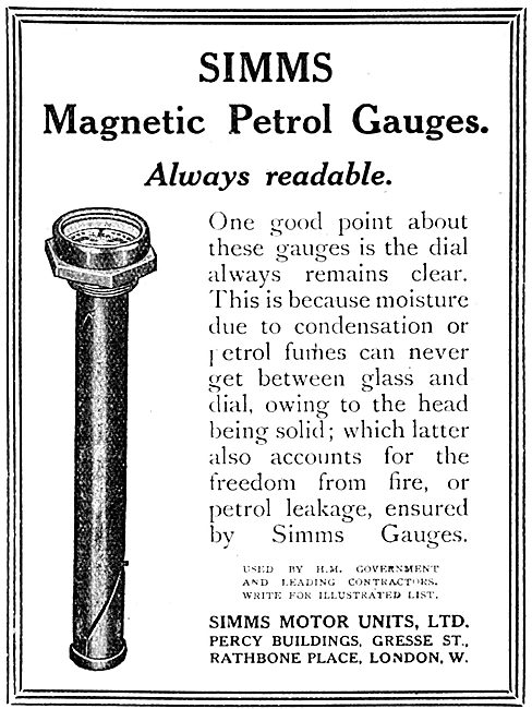 Simms Motor Units Magnetic Petrol Gauges For Aircraft            