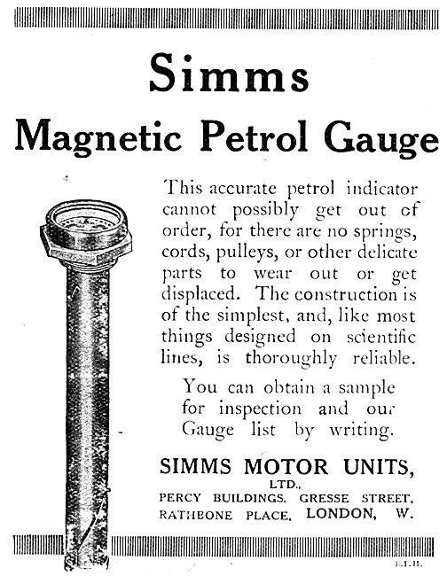 Simms Magnetic Petrol Gauges 1917 Advert                         