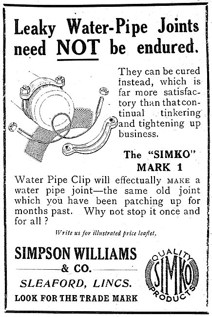 Simpson Williams & Co. SIMKO PIpe Clips. 1919                    