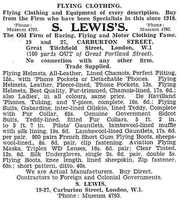 S.Lewis's Flying Clothing. Carburton St London.                  