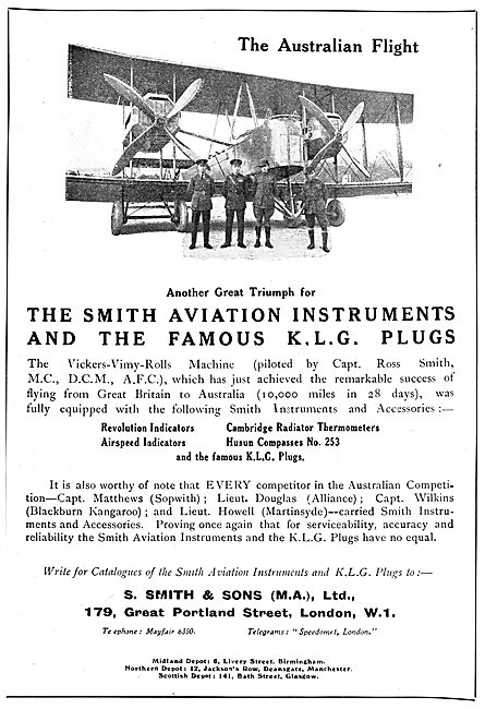 Smiths - KLG Sparking Plugs - Ross Smith Vimy                    