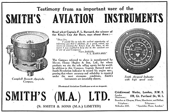 Capt F.L.Barnard Endorses Smith's Aviation Instruments.          