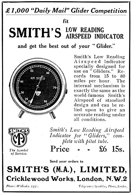 Smiths Low Reading Airspeed Indicator For Gliders 1922           