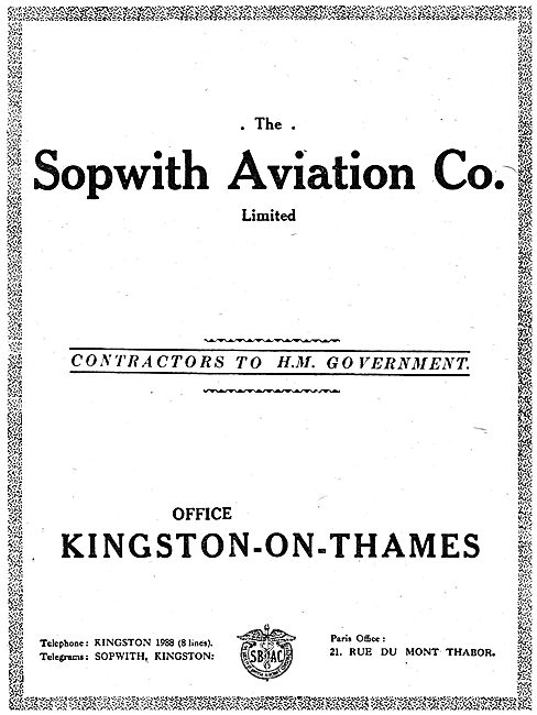 Sopwith Aviation Co. Kingston-On-Thames                          