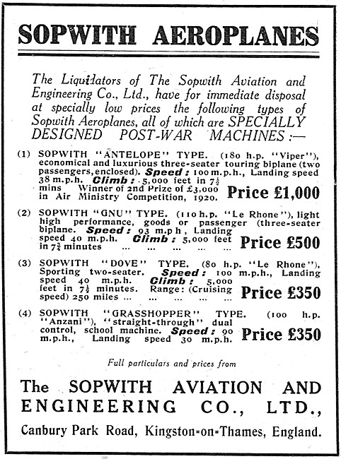 Sopwith Aviation Liquidation Stock 1922                          