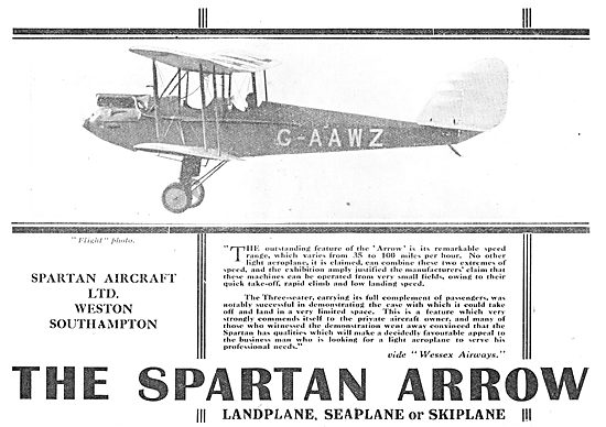 Simmonds Spartan Aircraft  Arrow - Landplane Or Seaplane. G-AAWZ 