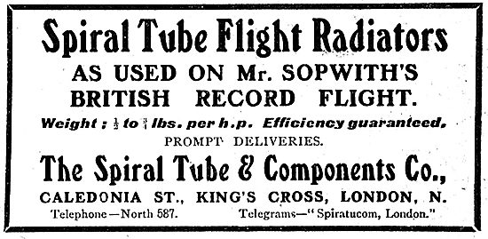 Spiral Tube Radiators Used  On Sopwiths Record Flight            